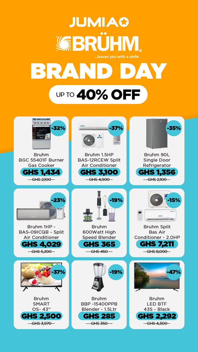JumiaGhana's tweet image. It’s Brühm Brand Day on Jumia, and we are slashing prices by up to 40% OFF!.  Tap here to shop&amp;gt;&amp;gt;&amp;gt; cutt.ly/QtGaBxMj #JumiaGhana #HomeMakeover #BruhmBrandDay