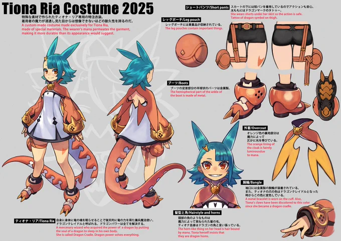 オリジナルキャラクター・ティオナの2025年イラスト詰め合わせ! 2025年は描きやすい衣装を意識してデザインしたよ。 ドラゴンの翼みたいなケープのシルエットと髪型がお気に入り!