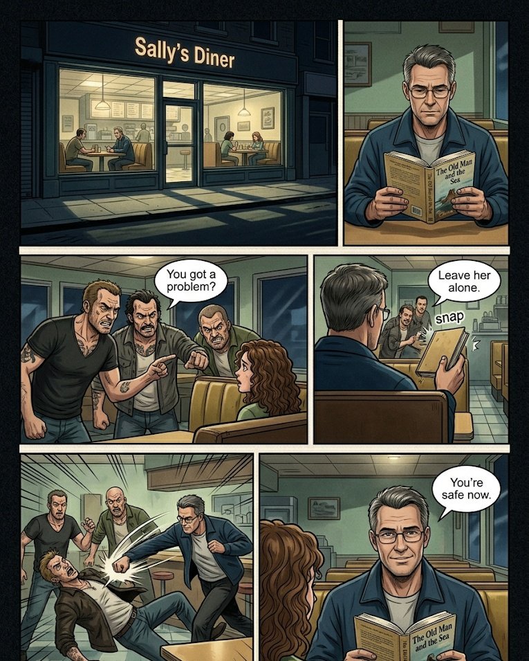 NetClipss's tweet image. #EQUALIZER

The diner was almost empty.

Just the sound of a clock ticking…
and a man sitting alone with a book.

He turned a page slowly, like time didn’t matter to him.

Across the room, voices got louder.
Not friendly. Not normal.

A young girl sat stiff in her seat,
trying