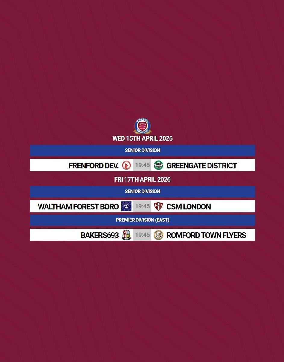 EssexAllianceFL's tweet photo. 𝗠𝗜𝗗𝗪𝗘𝗘𝗞 𝗙𝗜𝗫𝗧𝗨𝗥𝗘𝗦
Some midweek football this week with Senior & Premier Division action across Wednesday and Friday
#EAL #Week34 https://t.co/jvMEsdWS0z