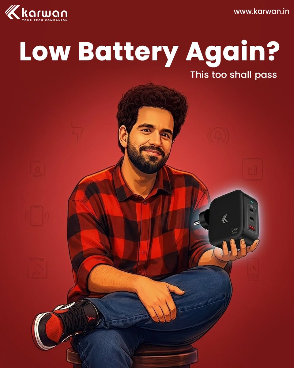 Karwan_India's tweet image. Low battery again?
This too shall pass… with Karwan GaN Charger in hand. ⚡🔋
Fast, compact, and always ready for the next punchline. 

#KarwanTech #GaNCharger