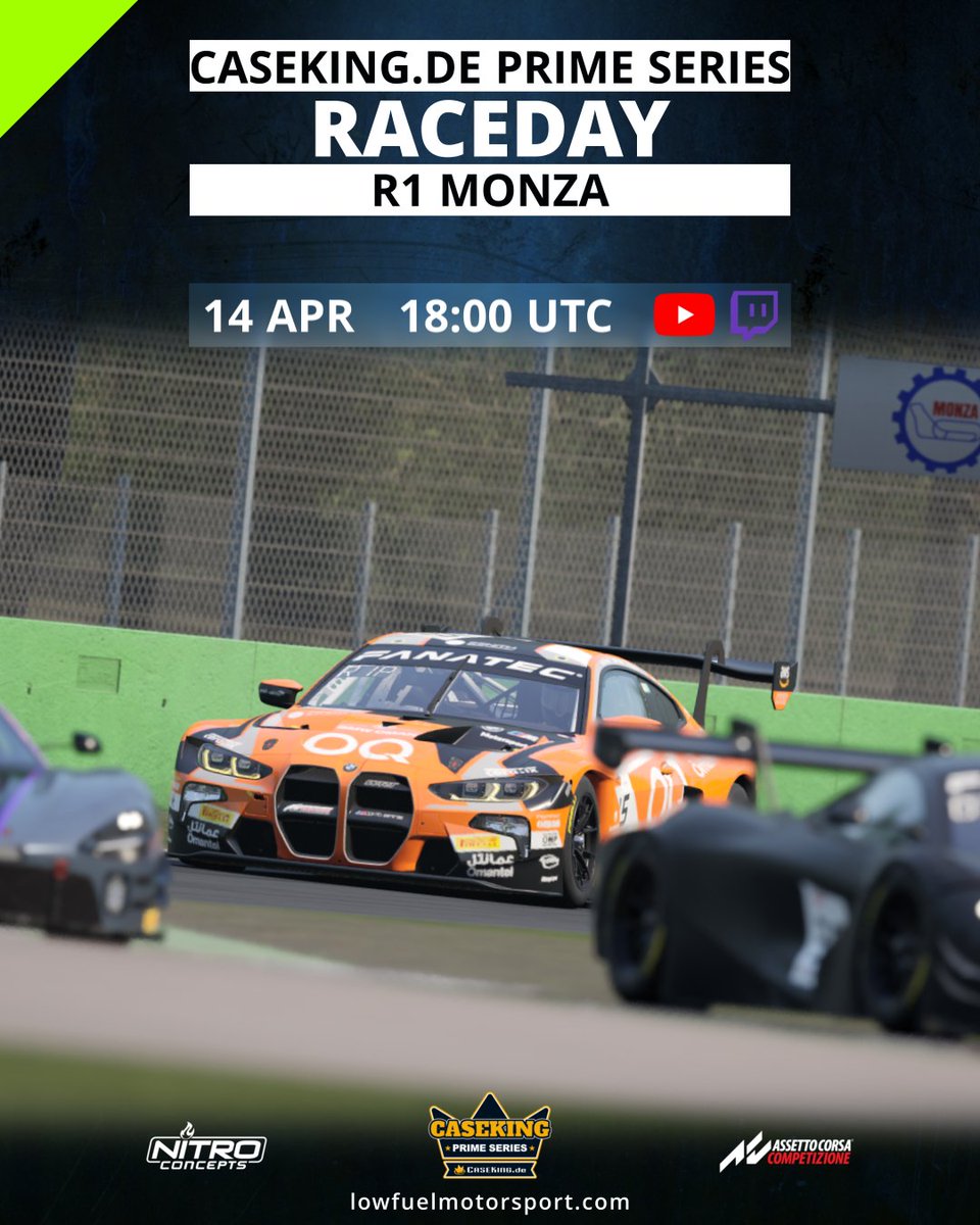 Today, we start S22 of the @caseking Prime Series at Monza. Join the race or tune in to the stream! lowfuelmotorsport.com

YouTube: youtube.com/LowFuelMotorsp…
Twitch: EN twitch.tv/lowfuelmotorsp… 
ESP twitch.tv/TopRacingLive

#lowfuelmotorsport #LFM #assettocorsacompetizione