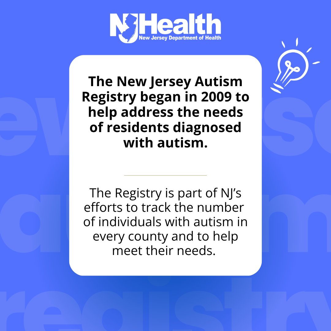 NJDeptofHealth's tweet image. The New Jersey Autism Registry was established in 2009 to help better understand and address the needs of residents diagnosed with autism. Learn more about the New Jersey Autism Registry at nj.gov/health/fhs/aut… #HealthierNJ #Autism