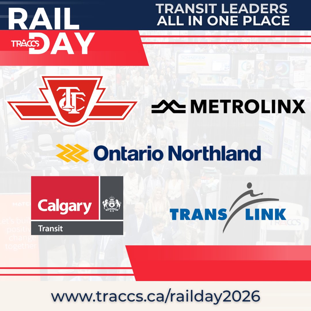 TRACCStransit's tweet image. Rail Day brings together the organizations shaping Canada’s passenger rail and transit landscape — including TTC, Metrolinx, Ontario Northland, Calgary Transit, and TransLink.
🔗 Join us: traccs.ca/TRDtickets
 #TransitIndustry #PassengerRail #RailwayIndustry #RailEventsCanada