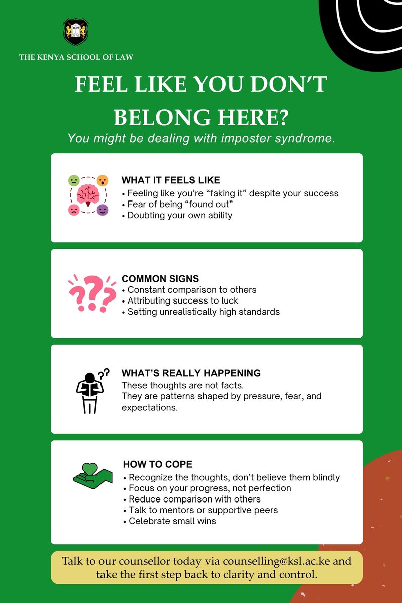 SchoolofLawKE's tweet image. #Mental Health Week 
 
Let us  talk About Imposter Syndrome

As students, it is easy to feel like you do not belong, even when you are doing well. That feeling of “I’m not good enough” or “I’m just faking it” is called imposter syndrome, and many high-achieving students