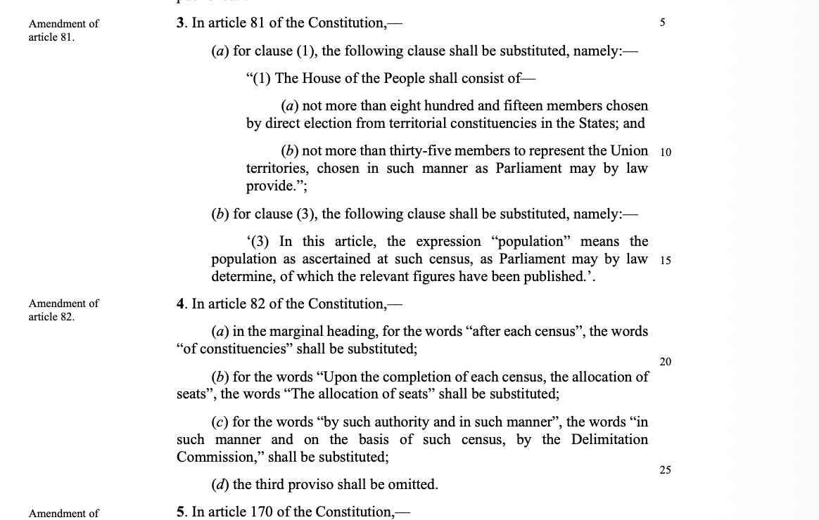 LiveLawIndia's tweet image. #BREAKING Centre proposes Constitution Amendment Bill to increase the seats of Lok Sabha to 850.

The Bill also proposes to omit Article 82(3), which mandated that next delimitation shall be after the 2026 Census.