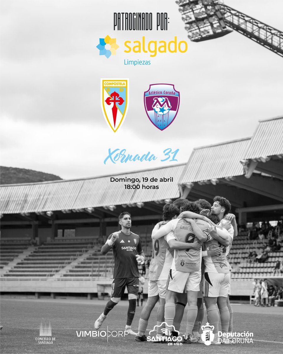 SD_Compostela's tweet photo. 🩵🤍 Este domingo, de novo todos xuntos, a pola vitoria

🤝 Patrocinado por @SALGADOLIMP

⚽️ 𝐗𝟑𝟏
🆚 @AtlCorunaMonta 
🕕 18:00
🏟️ Vero Boquete
🎟️ https://t.co/lf1Ek6KtG2
🫂 Unha invitación para cada abonado (só online)

#ComposAtléticoCoruña https://t.co/09fphSVtyR
