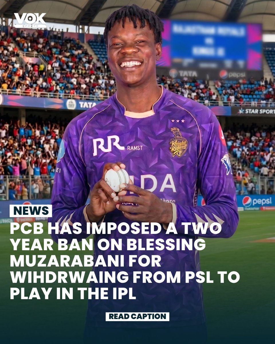 voksports's tweet image. The Pakistan Cricket Board has imposed a two-year ban on Blessing Muzarabani after he withdrew from the PSL to participate in the IPL, highlighting strict action over contract commitments and league priorities.

#PCB #PSL #IPL #BlessingMuzarabani #CricketNews #PakistanCricket