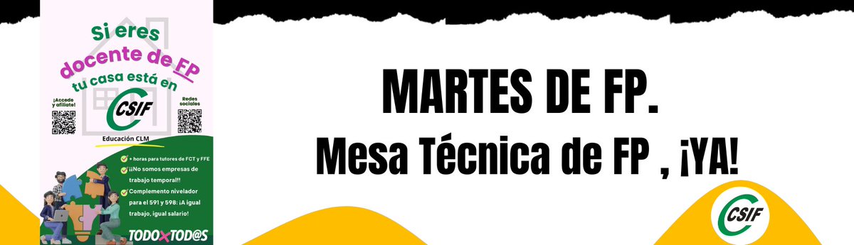 🧮 CSIF EDUCACIÓN CLM
🙋🙋🏽‍♂️🙋🏽‍♀️ Docentes de FP.
📣  " Martes de FP: Mesa Técnica de FP , ¡YA! "
     👉 Te dejamos toda la info aquí:
csif.es/es/articulo/ca…
¡Seguimos trabajando por la FP y por sus docentes! 💚✏️CSIF                   
TODO ❌ TOD@S