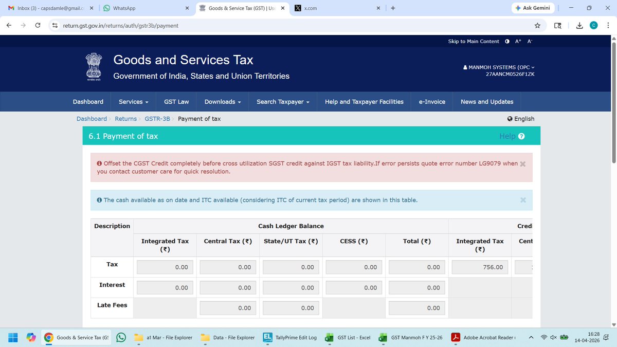 capsdamle's tweet photo. @Infosys_GSTN 
Last month onward, IGST payable could be paid using C &amp; SGST credit in any order. Why is this error happening for March return? https://t.co/Rqv6fwnckA
