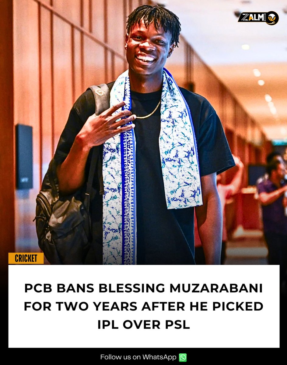 zalmitvlive's tweet image. The Pakistan Cricket Board has imposed a two-year ban on Blessing Muzarabani from the Pakistan Super League after he was found guilty of breaching his contract with Islamabad United. 

#HBLPSL11 #PCB #Muzarabani