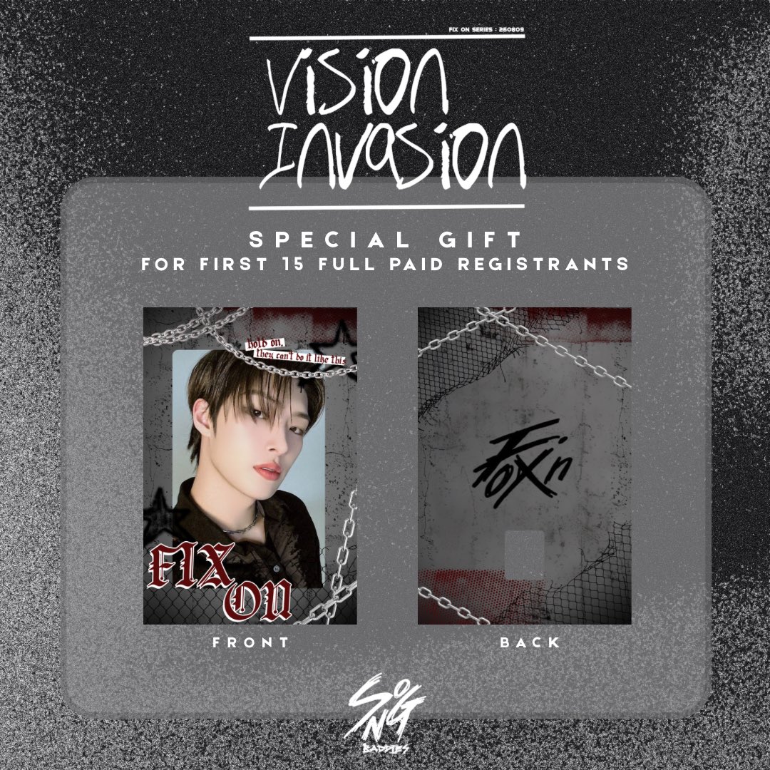 songbaddiesprod's tweet photo. Hold up, they can't do it like this ⛓️🔥

SPECIAL GIFT REVEAL!🖤

First 15 full paid registrants will receive an acrylic photocard holder🔥

The FIRST full paid registrant will receive an additional revealing keychain 👀⛓️

#MingisVisionInvasion
#FixOnSeries_260809
#MINGI #ATEEZ https://t.co/frxaj446eL