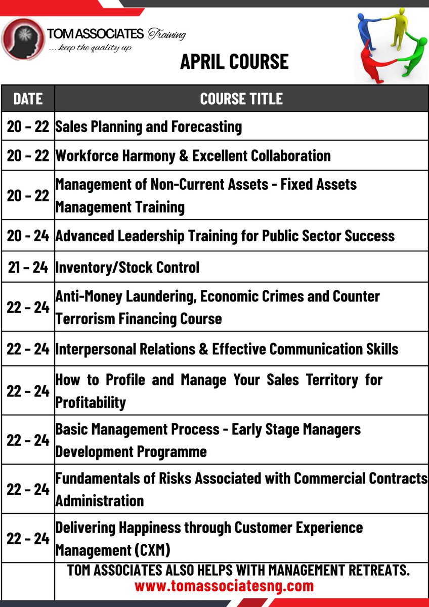 TomAssociates's tweet photo. With TOM ASSOCIATES Training, 
You always *Keep Your Quality Up.

Visit our Website 
https://t.co/iQlNA4C114 
Tom Associates also helps with 
*MANAGEMENT RETREATS*
mail@tomassociatesng.com 
tomassociatestraining.ng@gmail.com
08092763968; 08178591654; 08103652225; 09164766135; https://t.co/lB2IIy6yHt