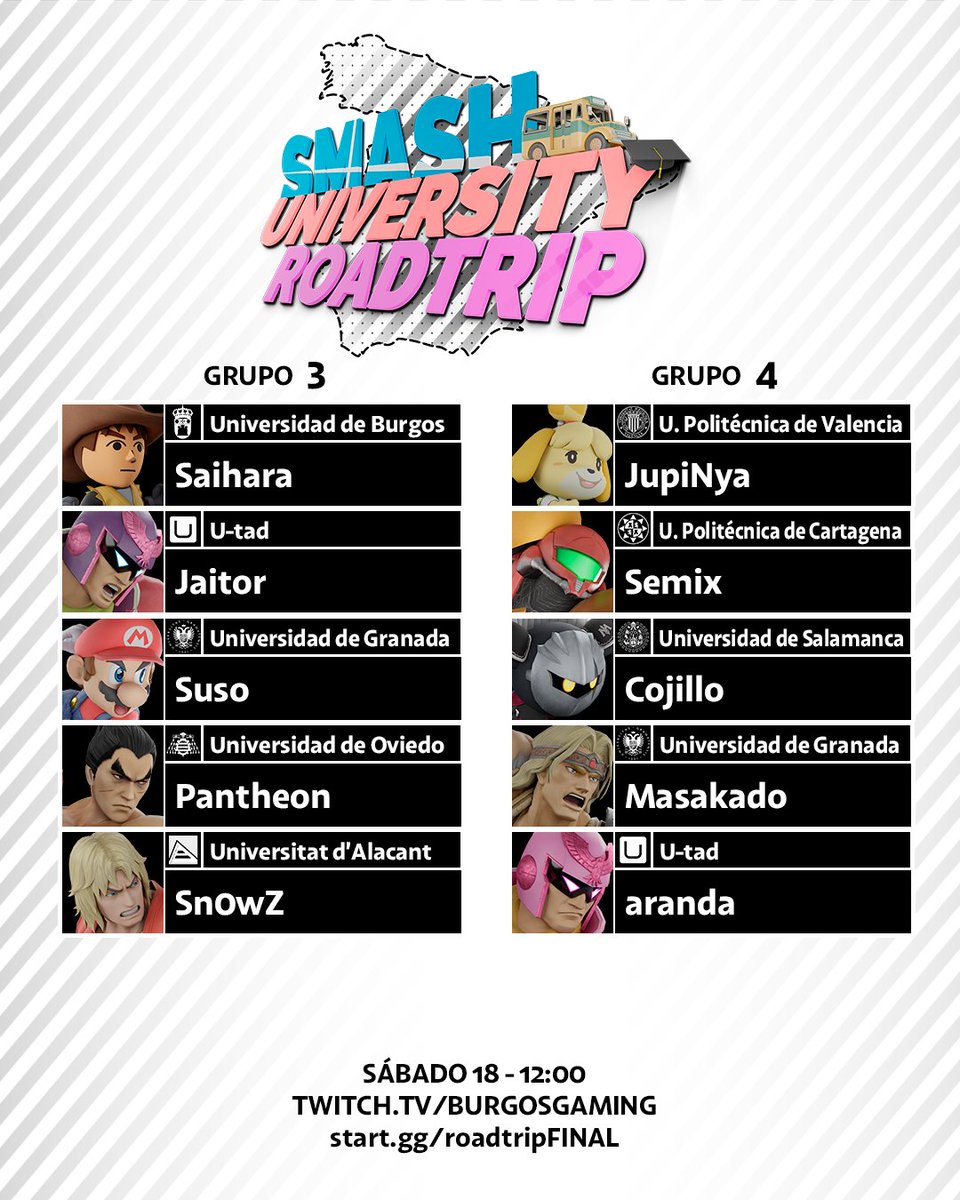 GamingBurgos's tweet photo. ¡La final del Smash University Roadtrip ya está aquí! 🤩

Este sábado, 31 estudiantes de todo el país se enfrentarán por la victoria del primer circuito español de Super Smash Bros. Ultimate

¡No te lo pierdas!
https://t.co/YVOQOJr8fA https://t.co/9Ij9xmPp7e