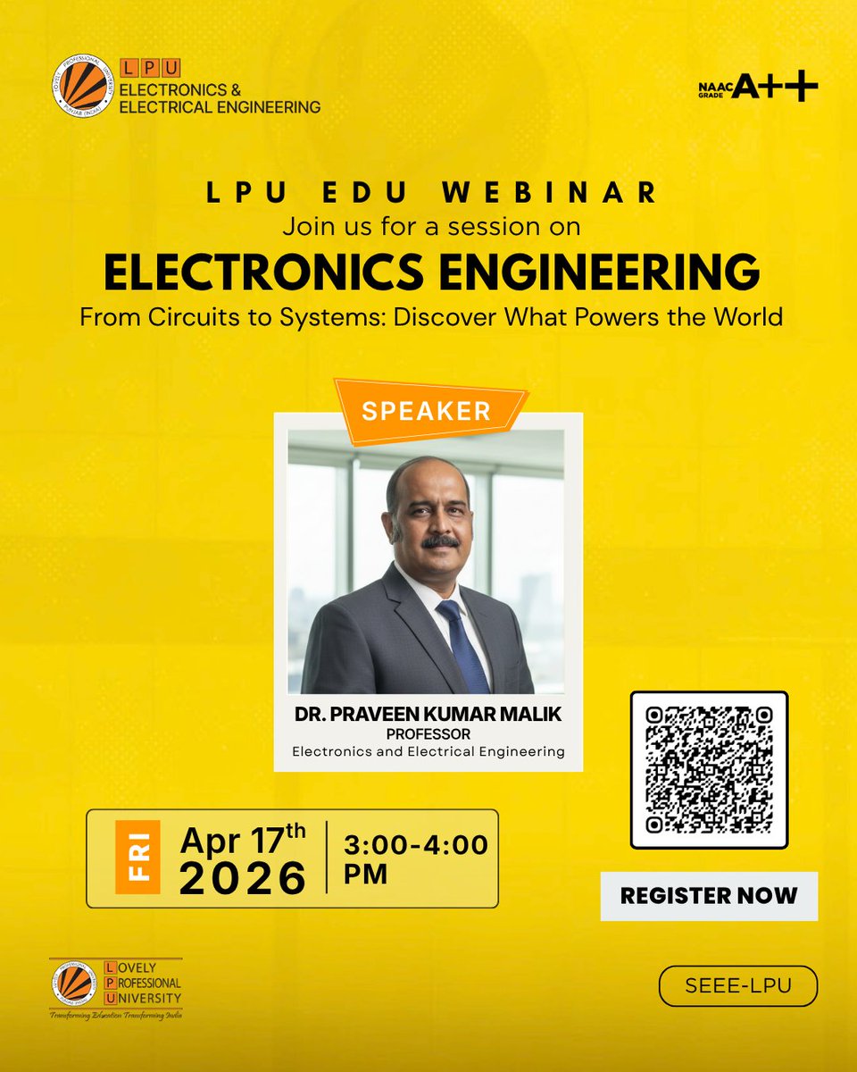 Join our LPU Edu Webinar on Electronics Engineering and explore concepts flowing like currents powering the world! 

Gain insights from Dr. Praveen Kumar Malik and learn how ideas evolve like circuits into impactful systems. Don’t miss this opportunity to enhance your knowledge