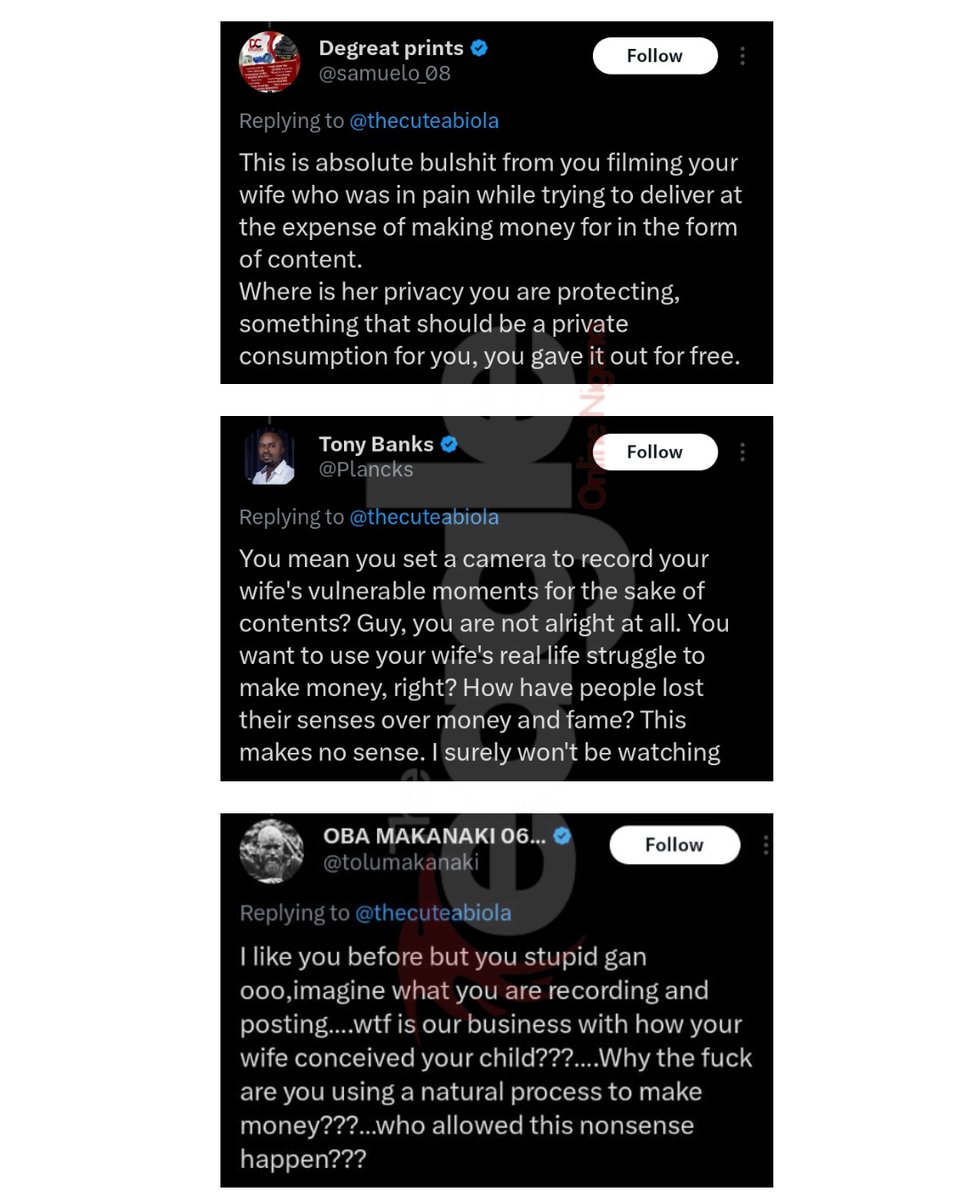 DEagleOnline's tweet image. Content Creator, Cute Abiola receives backlash from netizens after sharing his wife’s pregnancy delivery online.

#theeagleonlinenigeria #trendingnews #fyp