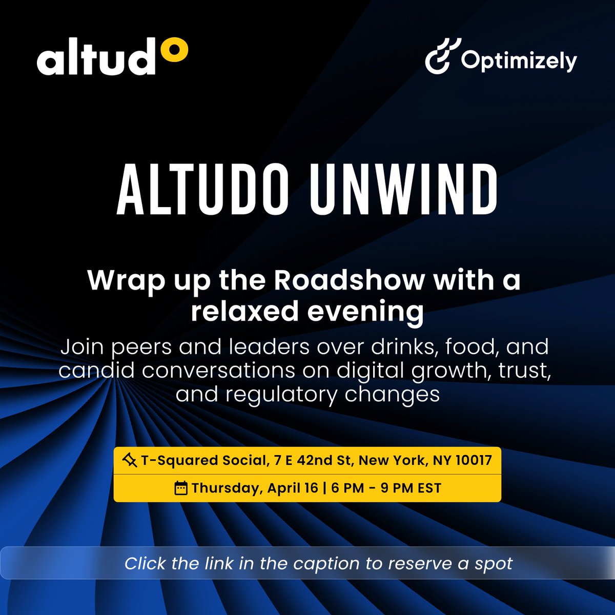 GoAltudo's tweet image. Looking to wrap up Optimizely Roadshow the right way? Join Altudo Unwind, an exclusive after-party for real conversations and fresh insights: altudo.co/events/optimiz…
 
 #NetworkingEvent #AltudoExperience