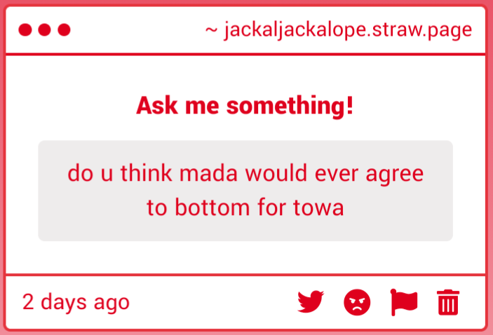 puppyjail's tweet image. YES!!!! bc I think Mada wants to fulfill Towa's deepest desires so Towa would have to want it but I don't think it WOULD ever happen bc of the way that they are. AND you know Mada would make him fight for it for awhile before rewarding him lol. And he'd be a brat bottom majorly..