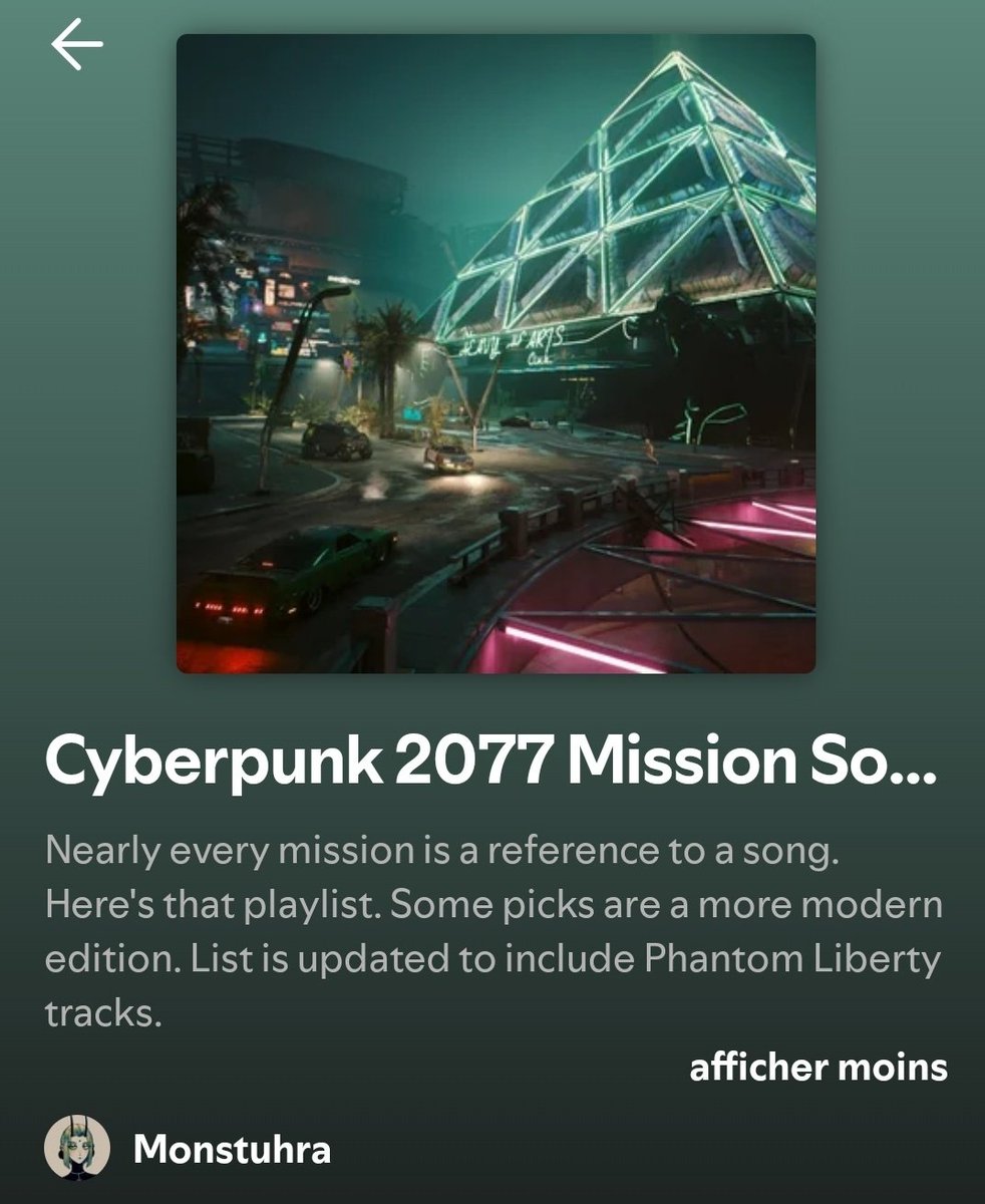 nolwnlm's tweet image. 🎧 Cyberpunk 2077

Une playlist qui devrait plaire à ceux qui aiment le jeu, avec les titres liés aux noms des missions 😊🎶

De quoi rester dans l'ambiance du jeu 😎 ... en attendant les prochaines sessions à Nightcity 🌆

#Cyberpunk2077 #playlist