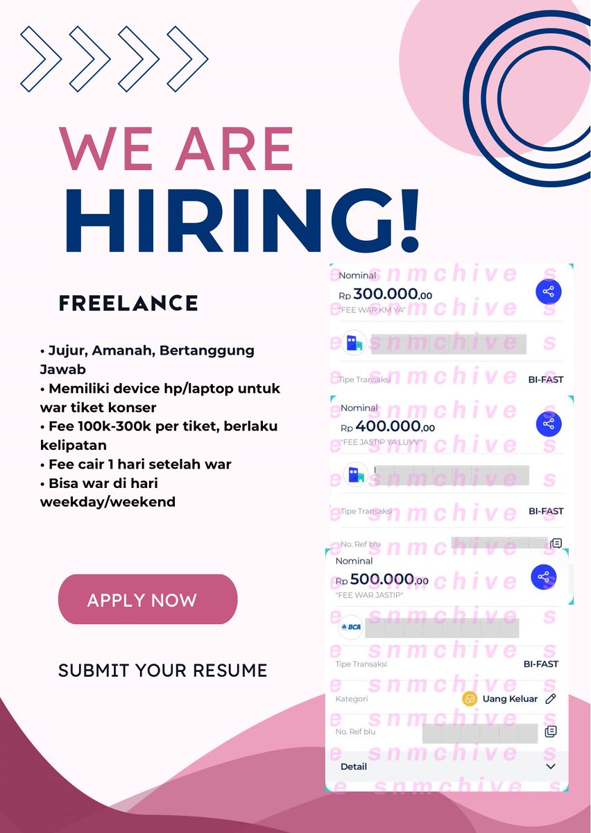 snmchive's tweet image. OPEN RECRUITMENT FREELANCE TIM WAR TIKET!🌟

Yang berpengalaman/non pengalaman boleh join ya! Fee cepet masuk!! Modal hp &amp;amp; internet aja.
Langsung isi gfrom di bawah👇🏻
#freelance #zonafreelance 

docs.google.com/forms/d/e/1FAI…