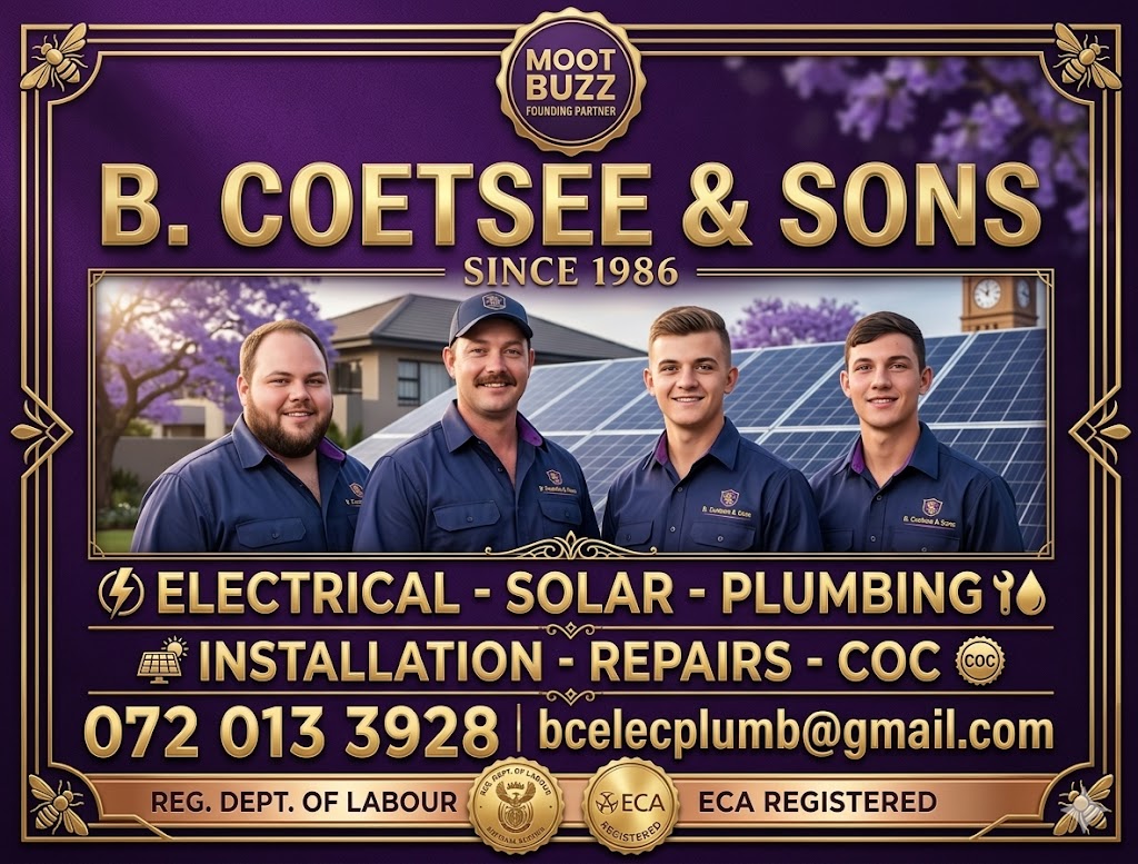 THEMOOTBUZZ's tweet image. B. Coetsee &amp;amp; Sons is reeds sedert 1986 aan die gang! ⚡☀️ Professionele diens vir:

✅ Electrical &amp;amp; Solar ✅ Plumbing ✅ COC Sertifikate
Geregistreer by Dept. van Arbeid &amp;amp; ECA. 🛠️
📞 072 013 3928 📧 bceleclumb@gmail.com

#Solar #Electrical #Plumbing #MootBuzz #Pretoria