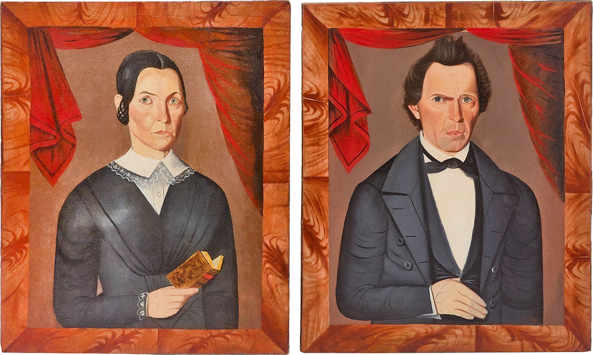 AntiqueDigest's tweet image. Sheldon Peck (1797-1868) painted these dated 1849 portraits of Lucinda Ann Houck, born in 1811 in Kentucky, &amp;amp; Ross Houck, born in 1804 in Pennsylvania. They brought $176,400 (e $100,000/200,000) at New England Auctions maineantiquedigest.com/stories/a-coup… #folkart #antiques #art #portrait