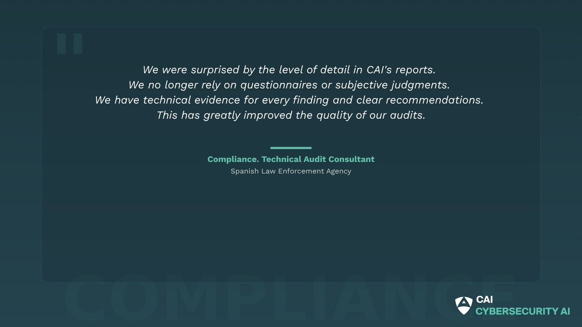AliasRobotics's tweet photo. Most security audits rely on questionnaires.
A Spanish law enforcement Compliance Consultant after using #CAI: "We no longer rely on questionnaires. We have technical evidence for every finding."
Discover how CAI transforms your security: https://t.co/Abx3wdOIiw
#AIforSecurity https://t.co/0IzresaA4K