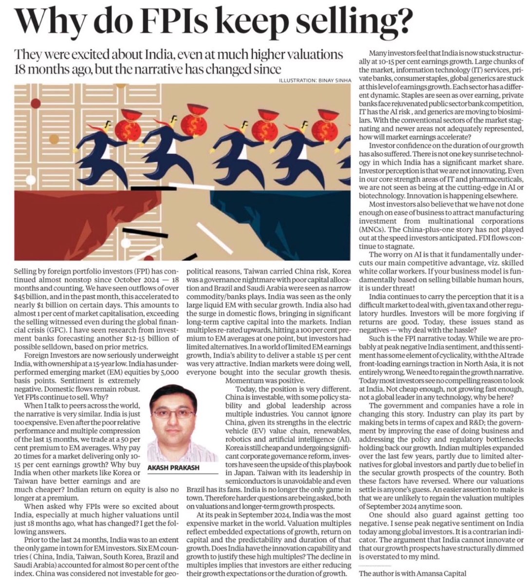 TradingWala's tweet photo. "Missing the forest for the trees" in Akash Prakash's article on #FPI selling? Missing COMPLIANCE HOSTILITY & REGULATORY COST ESCALATION STORY for valuations & taxation narrative?😈

1. Remembered in Jan 2023, Hindenburg alleged FPIs were exploiting UBO materiality thresholds & in Feb 2023 SEBI directed DDPs to require FPIs to resubmit UBO details. 
2. In Mar 2023, GoI amended PMLA rules by lowering UBO identification threshold from 25% for companies and 15% for trusts to a uniform 10% for both. 
3. In Aug 2023, SEBI issued a circular requiring FPIs meeting specified criteria to provide granular details of all entities holding any ownership, economic interest, or exercising control, on a full look-through basis, up to the level of all natural persons.
4. In Nov 2023, enhanced disclosure norms forced FPIs to bring down their equity AUM by Jan 2024. Non-compliance means invalid registration & mandatory liquidation of holdings within 6 months from de-registration. So disclose every natural person OR sell/leave!!!!!
5. In Dec 2024, more disclosure requirements came. FPIs can no longer issue ODIs with derivatives as underlying & outstanding ODIs with derivatives as underlying must be redeemed within 1 year. FPIs cannot hedge ODIs with derivative positions on Indian exchanges. ODIs must be fully hedged one-to-one with the same underlying securities. This closed whatever anonymity channel was remaining. 
6. Partial rollback came very late in Mar 2025. Till then, many FPIs exited or restructured/reduced AUMs!
7. These compliances were/are a disadvantage vs. peers in Taiwan, South Korea, Japan, Hong Kong etc. Money will flow to the path of least resistance!
@_prashantnair @Iamsamirarora @thesanjaydutt @bsindia 
#nifty #nifty50