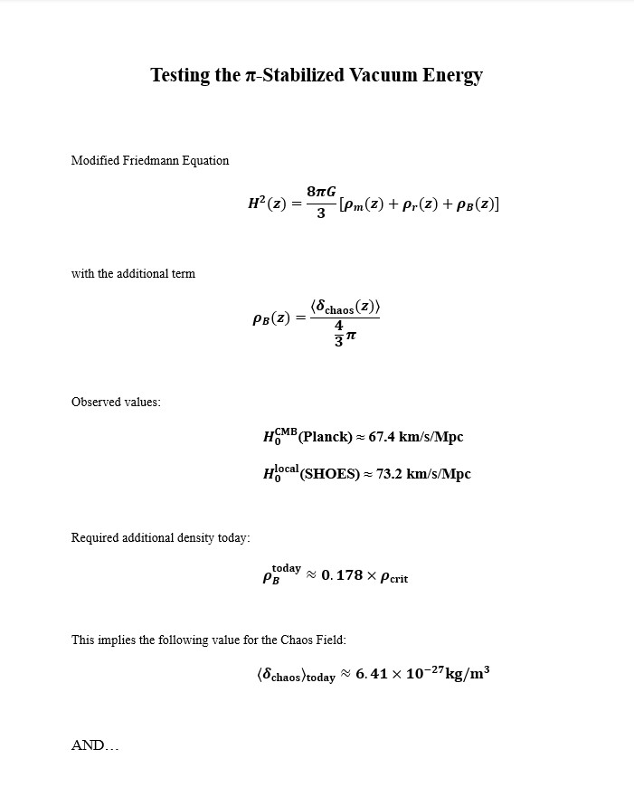 The__Renewables's tweet photo. Open Letter to the International Cosmology Community

The Hubble Tension can be fully explained without dark energy.

A single vacuum term produces exactly the observed 8.6% difference:

Image 1: Open Letter
Image 2/3: Calculation Sheet

@ESA_Webb @SpaceTelescope @NASAHubble https://t.co/dBmWJcTR2O