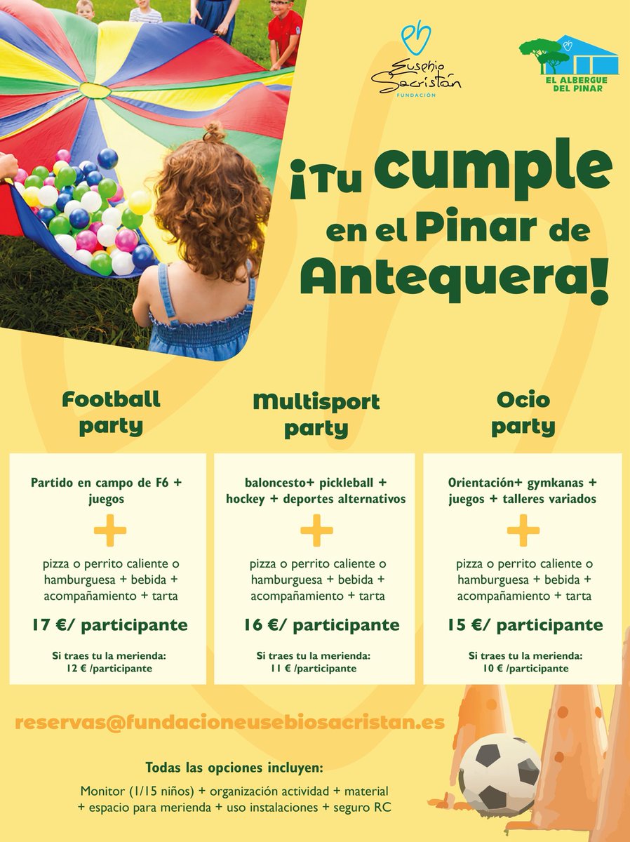 ¡Ya puedes celebrar tu cumpleaños en El Albergue del Pinar y la zona verde que lo rodea!🏡

Un espacio inmejorable para disfrutar juntos a amigos y familia con diferentes actividades de ocio🫶🏼

Lo nuestro es el #DeporteParaTodos y por eso proponemos tres tipos de cumpleaños, pero