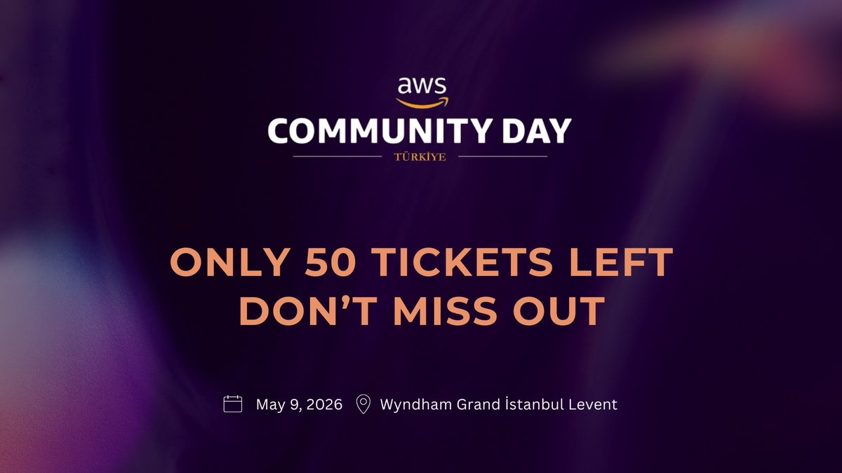 CloudTurkiye's tweet photo. ⏳ AWS Community Day Türkiye 2026 için son 50 bilet kaldı!

☁️ 9 Mayıs’ta İstanbul’da, bulut dünyasının en güncel konularını konuşmak ve toplulukla bir araya gelmek için buluşuyoruz.

🚀 Sen de bu deneyimin parçası olmak istiyorsan, geç kalmadan yerini al.

🎟️ Biletler hızla tükeniyor — yerini ayırtmak için şimdi tam zamanı 🔗 https://t.co/5LHLwQU3Eb

#AWSCommunityDay #AWSTürkiye26 #AWS