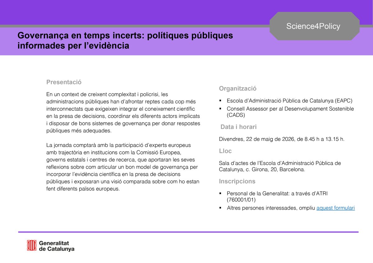eapccat's tweet image. Com incorporar l’evidència científica en les decisions públiques?

Hi reflexionarem amb experts europeus a la jornada “Governança en temps incerts: polítiques públiques informades per l’evidència”. #recercaEAPC #EIPM #S4P

📅 22/05 de 8.45 h a 13.15 h
📍 Presencial EAPC Barcelona