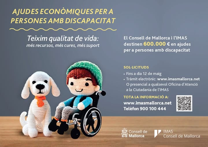 imasmallorca's tweet image. 💡 RECORDA que està obert el termini per demanar les ajudes de l'IMAS per a persones amb #disCapacitat. 

🫵 Si tens o convius amb algú amb un 33% de #disCapacitat o més, amb menys de 65 anys i residència a #Mallorca, sol·licita-les. 

ℹ️ Info i tràmit: imasmallorca.net