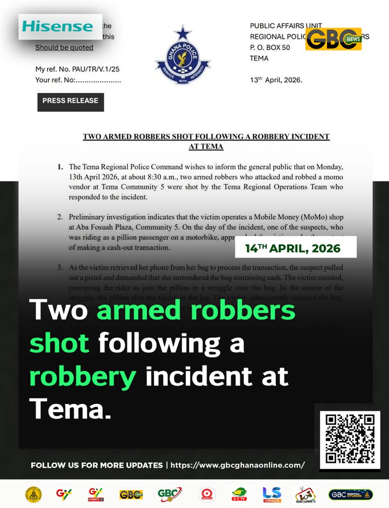 GTV_Ghana's tweet photo. Two armed robbers shot following a robbery incident at Tema

#gbcnews
#police https://t.co/fGmW7avO4W