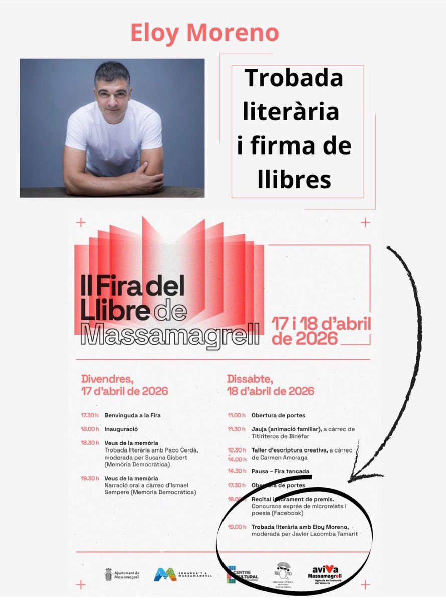 Javier_Lacomba's tweet photo. El sábado 18 de abril a las 19 h, invitado por la Biblioteca de Massamagrell tendré el placer de presentar la tertulia literaria con @Eloy__Moreno 

Hablaremos de su obra, de su manera de ver el mundo y la literatura y  de ese nuevo  viaje del Principito. 

¡Os esperamos! https://t.co/JLcXQ9NTFv