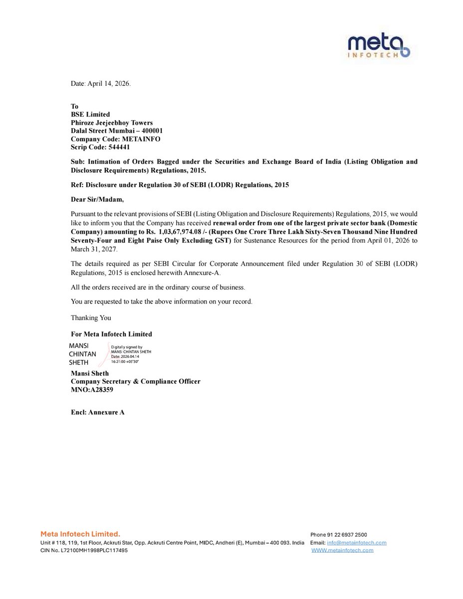 nileshkurhade's tweet photo. 📌 Meta Infotech Ltd informed the exchange about renewal order from one of the largest private sector bank (Domestic Company) amounting to ₹1,03,67,974.08 for Sustenance Resources for the period from 01/04/2026 00:00 to 31/03/2027 00:00. #SME #METAINFO 💼📈 https://t.co/A9s1gIj6G6