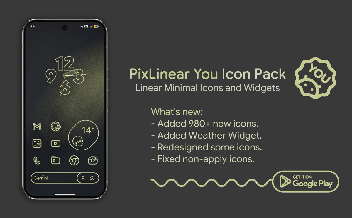 pashapuma1's tweet image. ⬆️ Update PixLinear You Icon Pack is live.

What's new:
- Added 980+ new icons.
- Added Weather Widget.
- Redesigned some icons.
- Fixed non-apply icons.