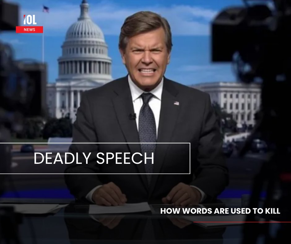 IOL's tweet image. Using loaded language, a rotating cast of “experts” on various media platforms and the sheer power of repetition, the media manufactures a reality where military action against Muslims becomes not just acceptable, but inevitable, writes Shabodien Roomanay. 
#language #words #kill