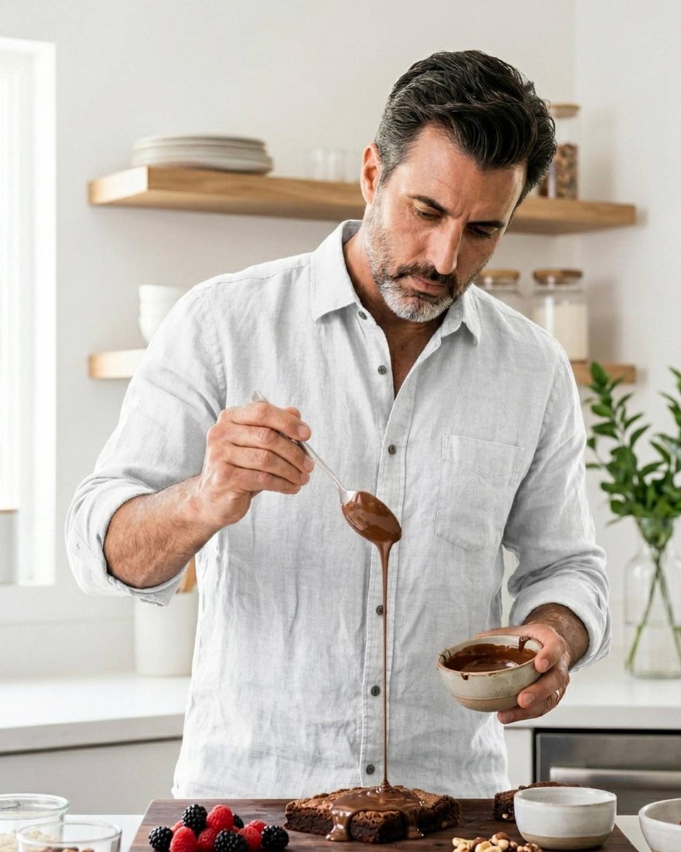 Andreas_Szak's tweet image. Homemade chocolate dessert preparation in a modern kitchen, a man pouring rich melted chocolate over freshly baked brownies with berries on a wooden board. 
#chocolatedessert #homemadebaking #brownies #andreasszakacs @andreasszakac_s @Andreas_Szak @AndreasszakacsP