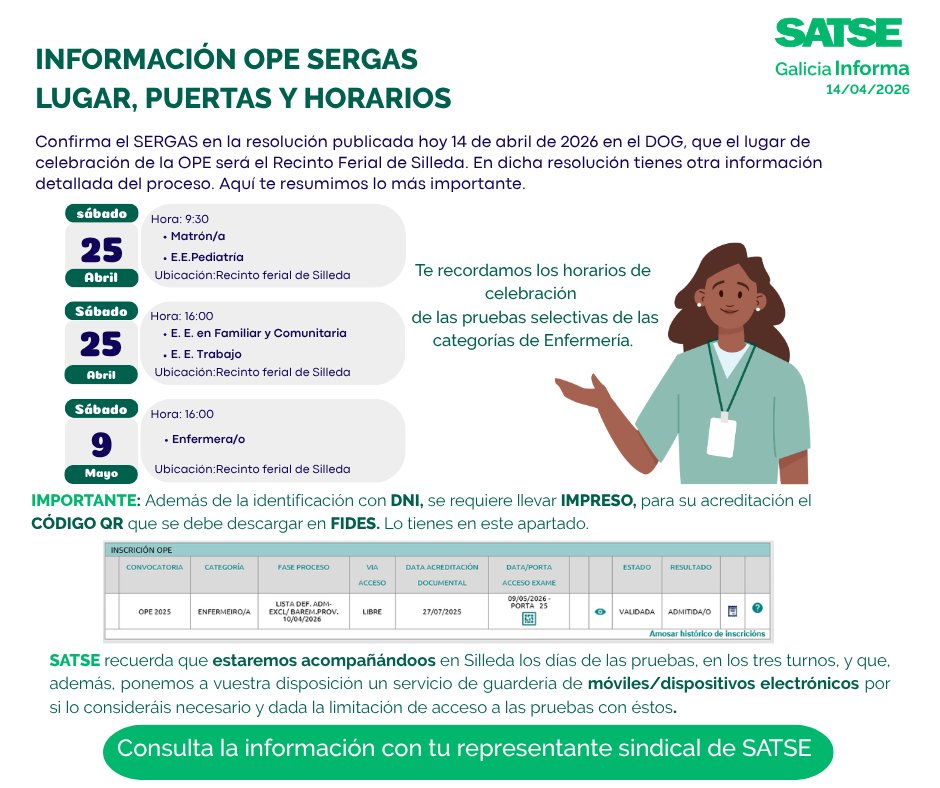 SATSE_GALICIA's tweet photo. 📢 ¡Atención!

💻El #Sergas publica la resolución con el lugar, fecha, hora y puerta de acceso para la realización de los ejercicios de oposición de diversas categorías de Enfermera Especialista

🔗 Más info:
https://t.co/9eSPBUyXMH
#OPESergas  #Enfermera #EnfermeraEspecialista https://t.co/jBOJVGbddG