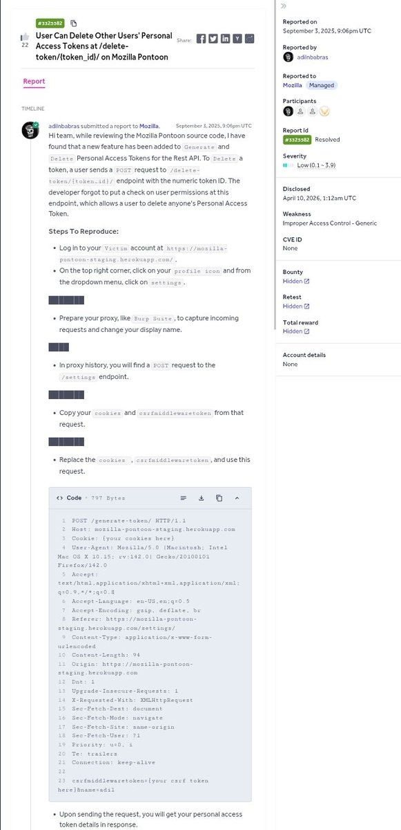AbhiX10010's tweet photo. User Can Delete Other Users' Personal Access Tokens at /delete-token/{token_id}/ on Mozilla Pontoon.
#hackerone #hackers #bugbounty #pentesters #burpsuite #hacktips https://t.co/sJ1t6rO3jO