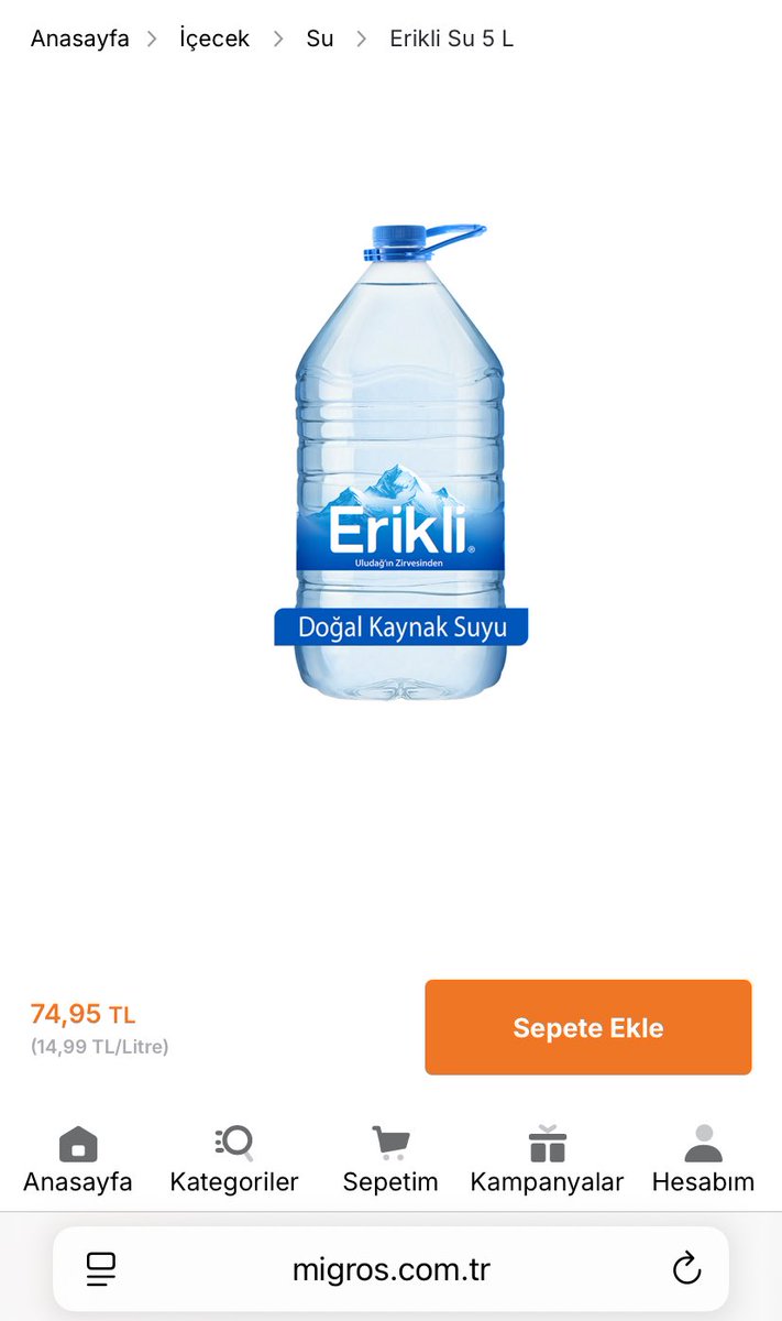 eozgunsur's tweet photo. Erikli 5lt su…. Ocak 2026 45 TL, Şubat 60 TL, Nişanda 74,95 TL… Ocaktan Şubata %33, Ocaktan Nisana %66 artmış… En uygun bulabildiğim yer 47,99 TL + Kargo yazmış… https://t.co/CT73AP8mZo