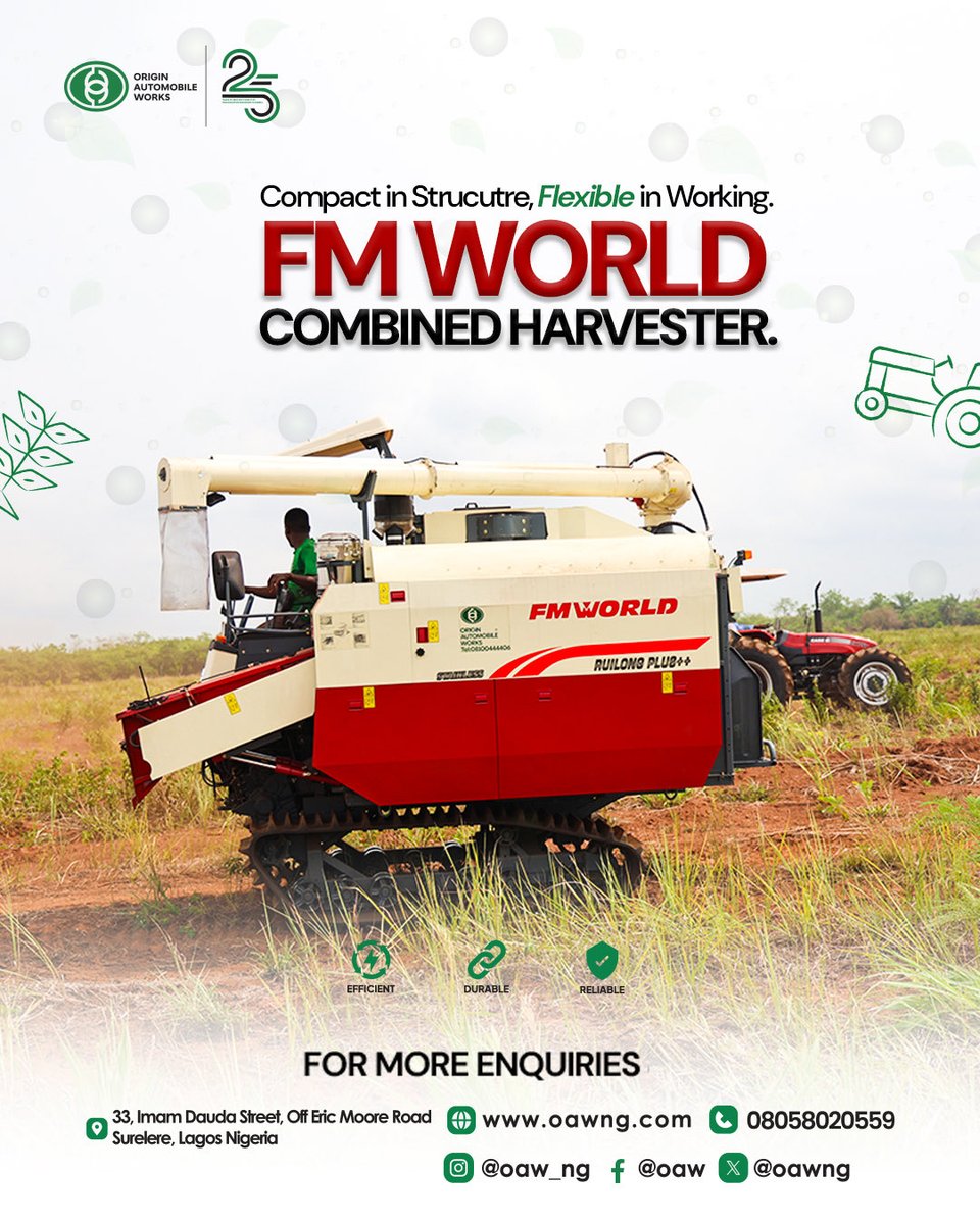 oawnigeria's tweet photo. Still harvesting the hard way?
Upgrade to the OAW issued FM WORLD Combined Harvesters and boost your farmโs productivity today.
Follow us now for more modernized farm equipments.
Send a DM or Call / Message on WhatsApp
08058020559
#origintechgroup
#originautomobileworks https://t.co/L0JLF9g1CF