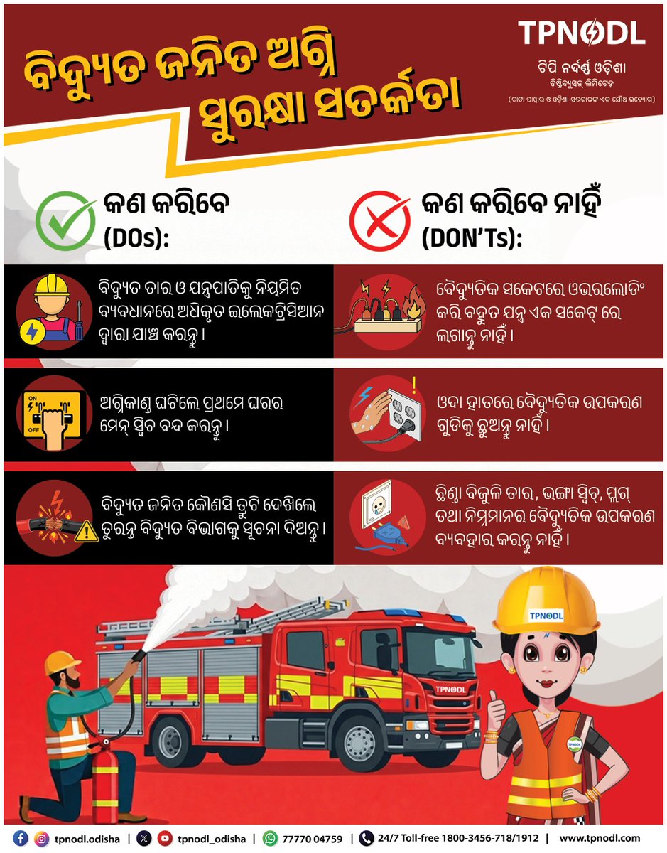 tpnodl_odisha's tweet photo. ବିଦ୍ୟୁତ ଜନିତ ଦୁର୍ଘଟଣାରୁ ନିଜକୁ ସୁରକ୍ଷିତ ରଖିବା ପାଇଁ, ଏହି ସୁରକ୍ଷା ନିୟମାବଳୀଗୁଡିକୁ ଅନୁସରଣ କରିବା ଏବଂ ଜାତୀୟ ଅଗ୍ନିଶମ ସୁରକ୍ଷା ସପ୍ତାହ ଅବସରରେ, ଆସନ୍ତୁ ଆମେ ସମସ୍ତେ ନିଜ ପାଇଁ ଏବଂ ଆମ ଚାରିପାଖରେ ସମସ୍ତଙ୍କ ପାଇଁ ଏକ ସୁରକ୍ଷିତ ପରିବେଶ ଗଢ଼ିବାରେ ସଂକଳ୍ପବଦ୍ଧ ହେବା।
#NationalFireServiceWeek #FireSafety #SafetyFirst