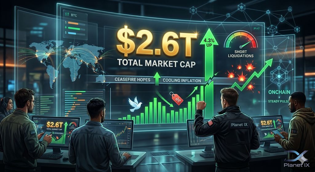 $2.6T market cap. 4.3% up. ceasefire hopes + short liquidations + cooling inflation hitting at the same time. macro finally catching a breath. onchain doesn't stop either way. LFG.