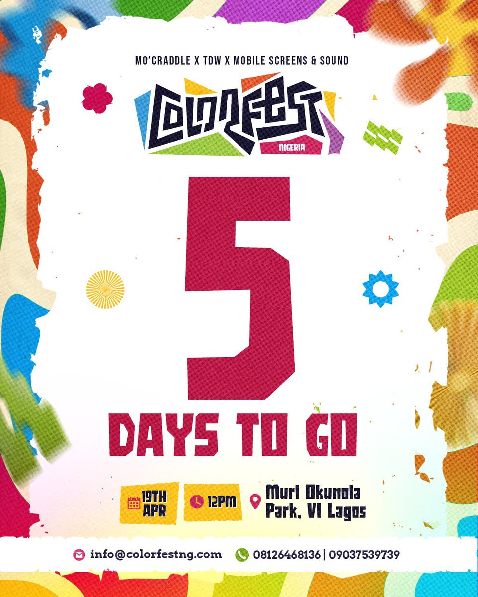 ColorFest_ng's tweet photo. In 5 Days, Lagos explodes with vibrant colors and music flows for Ravers to party like no tomorrow

Only at Color Fest 

Apr. 19th | Muri Okunola Pk | 12 PM 

🔗 https://t.co/vJECsBf69e https://t.co/bRsMaJNLOt