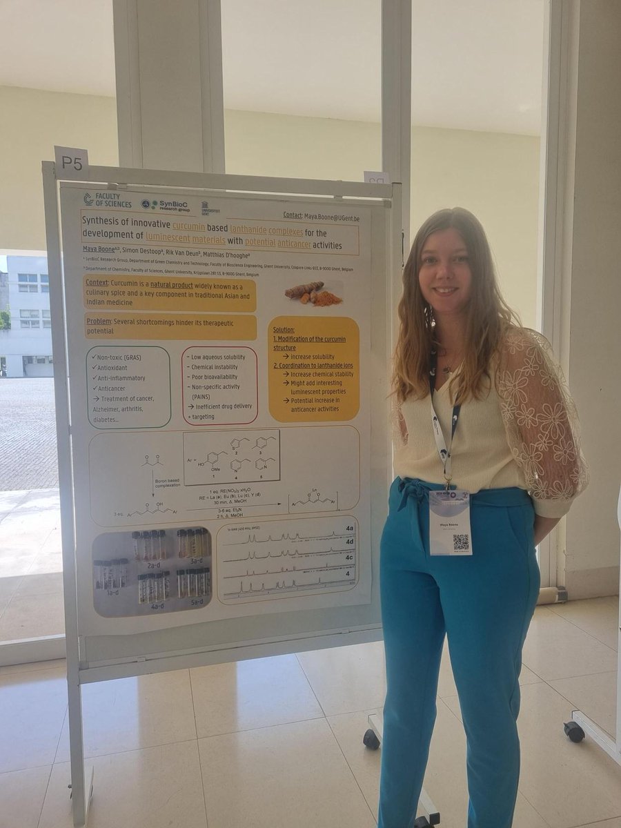 prof_mdhooghe's tweet image. Last week, our PhD student Maya Boone presented her work on the preparation of curcuminoid-lanthanide complexes at the 15th Inorganic and Bioinorganic Chemistry Conference in Lisbon 🙂, @SynBioC, @FbwUGent, #curcumin
