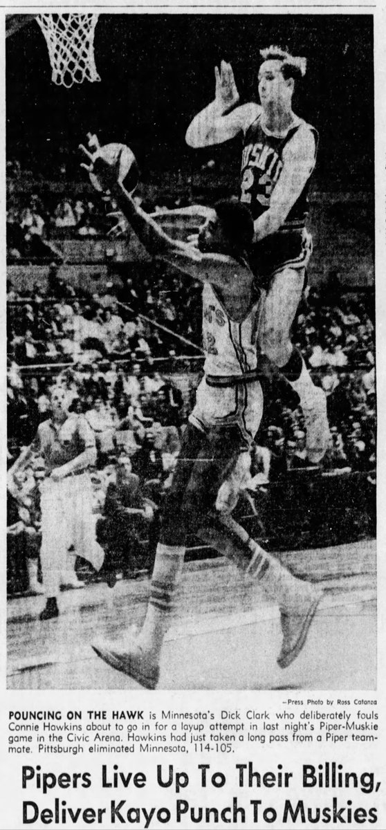 WHENESOTA's tweet image. #OTD in #Minnesota Sports History (1968) The Muskies lose game 5 of the ABA Eastern Division Finals 114-105 to the Pittsburgh Pipers. (Pipers won the series 4-1). This was also the Muskies final game before moving to Miami. 
CC @abathrowbacks 
newspapers.com/clip/99720336/