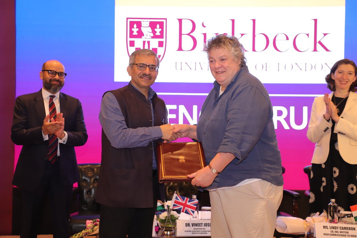 EduMinOfIndia's tweet photo. A significant step forward in realising the vision of 'Internationalisation at Home' as envisioned in #NEP2020

Dr. Vineet Joshi (@Vineet_K26), Secretary, Department of Higher Education, Ministry of Education, today handed over the Letter of Intent (LoI) to open Bengaluru Campus to Prof. Sally Wheler, Vice Chancellor of Birkbeck, University of London, today in New Delhi. This is the 15th LoI issued to a foreign university to establish campus in India under the UGC Regulations 2023.

British High Commissioner Ms. Lindy Cameron CB OBE, Ms. Alison Barrett MBE, Director India, British Council, senior officials from Ministry of Education, @ugc_india and friends from media joined the LoI handing over ceremony.

The 200-year-old @BirkbeckUoL, would offer courses in business management and analytics, is expected to boost @StudyInIndiaGov, further reaffirm education as a key bilateral pillar in the India-UK relationship as envisioned in Leaders’ statement issued in October 2025, and thereby contribute to the vision of #ViksitBharat.