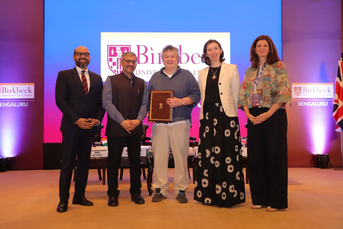 EduMinOfIndia's tweet photo. A significant step forward in realising the vision of 'Internationalisation at Home' as envisioned in #NEP2020

Dr. Vineet Joshi (@Vineet_K26), Secretary, Department of Higher Education, Ministry of Education, today handed over the Letter of Intent (LoI) to open Bengaluru Campus to Prof. Sally Wheler, Vice Chancellor of Birkbeck, University of London, today in New Delhi. This is the 15th LoI issued to a foreign university to establish campus in India under the UGC Regulations 2023.

British High Commissioner Ms. Lindy Cameron CB OBE, Ms. Alison Barrett MBE, Director India, British Council, senior officials from Ministry of Education, @ugc_india and friends from media joined the LoI handing over ceremony.

The 200-year-old @BirkbeckUoL, would offer courses in business management and analytics, is expected to boost @StudyInIndiaGov, further reaffirm education as a key bilateral pillar in the India-UK relationship as envisioned in Leaders’ statement issued in October 2025, and thereby contribute to the vision of #ViksitBharat.